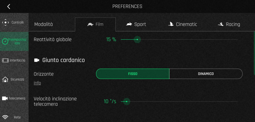 Modalità Film, Sport, Cinematic, Racing - Il Dronista